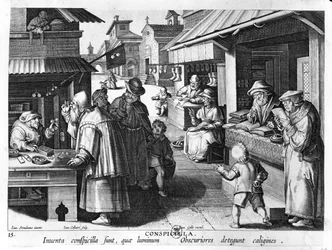 Der Brillenverkäufer, graviert von Jan Collaert und Joan Galle (1600-76)
